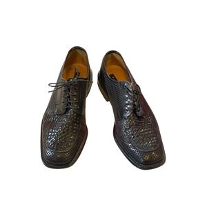 Vintage Magnanni Black Woven‎ Leather Cap Toe Oxford Dress Shoes Mens 8 M